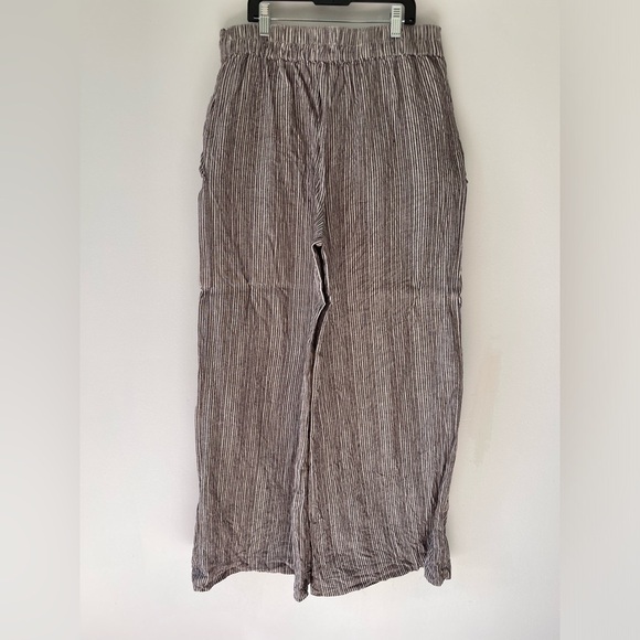 Anthropologie Post stamp Striped Brown wide leg linen pants elastic waist SZ M - Picture 3 of 7